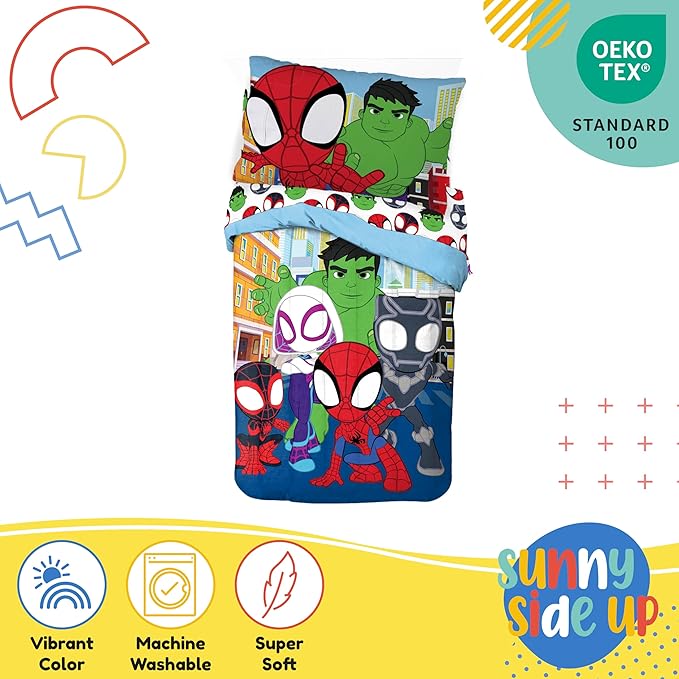 Sunny Side Up Marvel Spidey & His Amazing Friends Toddler Comforter Set - 4 Piece Preschool Bedding Includes Comforter, Sheets & Pillow Cover – Super Soft Superheroes Microfiber Bed Set