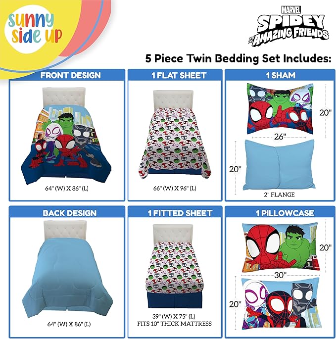 Sunny Side Up Marvel Spidey & His Amazing Friends Twin Comforter Set - 5 Piece Kids Bedding Includes Comforter, Sheets & Pillow Cover - Super Soft Superheroes Microfiber Bed Set