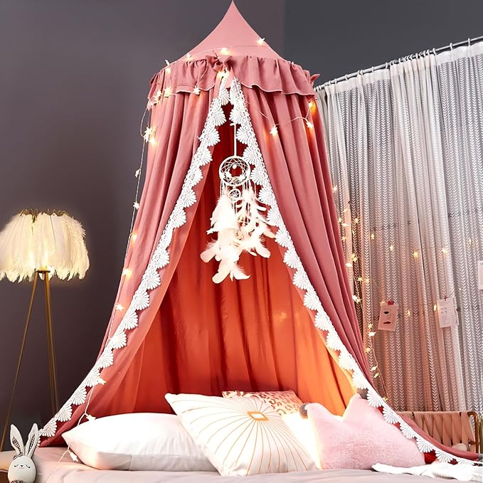 Kertnic Bed Canopy for Girls, Ruffled Soft Pink Princess Canopy Dreamy Bow Decor, Bed Canopies for Kids Room, Hanging Canopy Bedding Drapes Toddler Reading Nook Play Tent (Red Bean)