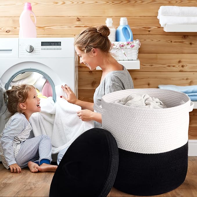 Large Storage Basket with Lid 60L, 16"Wx18"H Woven Laundry Hamper Basket with Handle, Room Decor Cotton Rope Wicker Basket Toy Organizer Bins for Clothes Blankets Pillows, Black/White Mix includes Lid