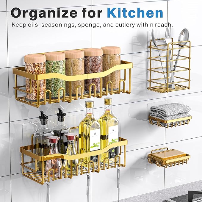 EUDELE 5-Pack Rustproof Stainless Steel Shower Caddy – No Drill Adhesive Bathroom Organizer with Large Capacity, Spacious Shower Shelves for Inside Shower, Kitchen & Home Decor Storage-XL Size