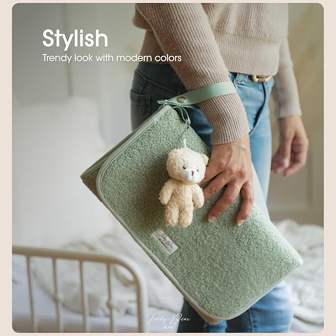 J&Joo Portable Diaper Changing Pad - Ultra Soft, Extra Padded, Waterproof Baby Changer Travel Essential, EZ Access Mesh Pockets, Gift for Baby Shower, Newborn Girls and Boys, 0-12 Months