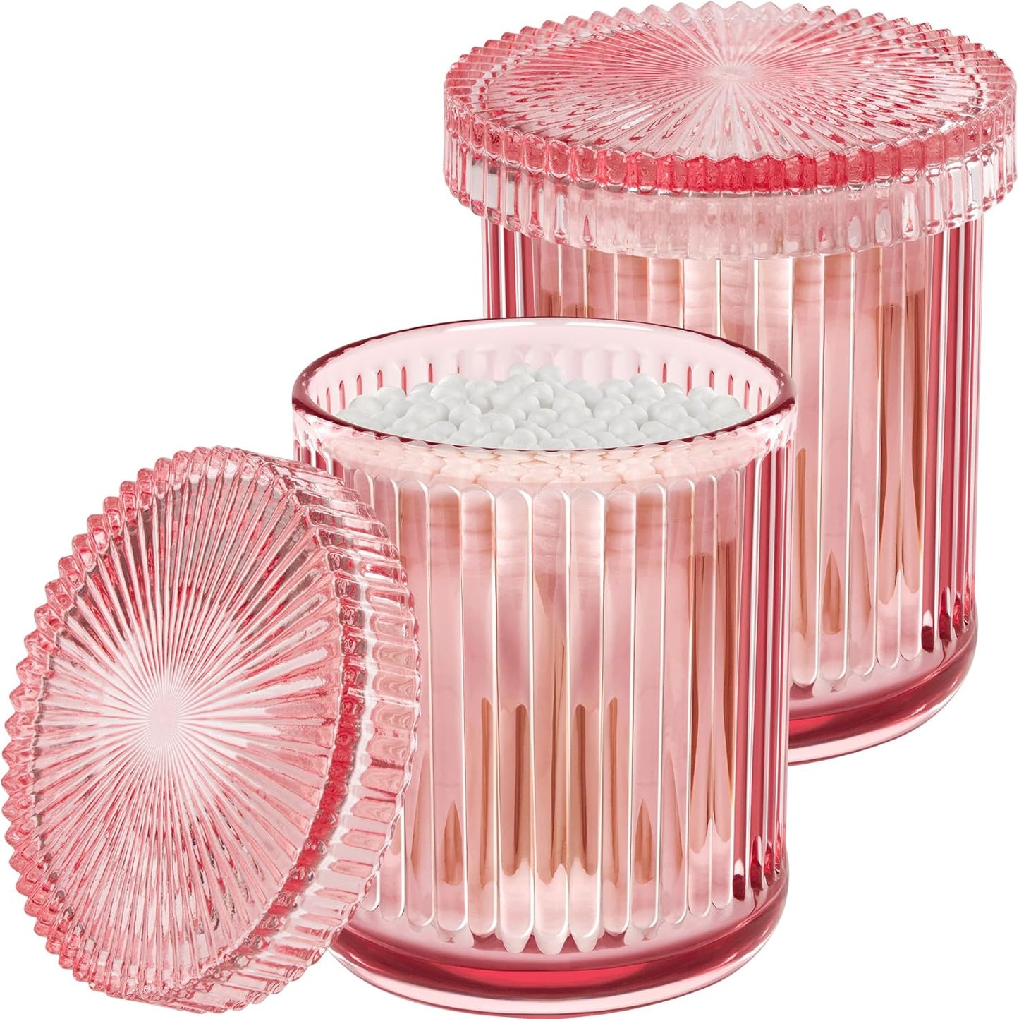2 Pack Qtip Holders for Bathroom, Clear Glass Apothecary Jars with Lids,Vintage Bathroom Canisters for Cotton Balls,Swabs,Floss Picks,Hair Ties,Vanity Organizer and Storage Decor (Pink)