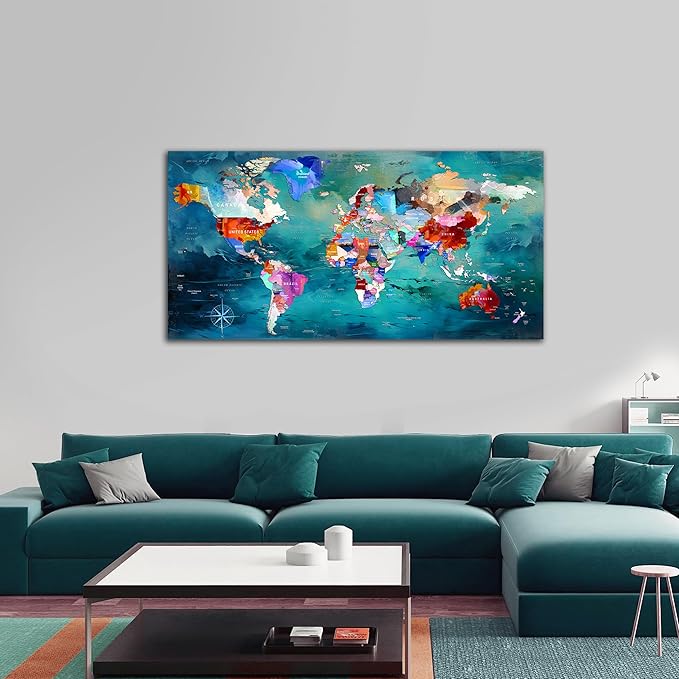 ZHAOSHOP World Map Canvas Wall Art for Living Room - Teal Wall Decor - Office Artwork Wall Decor Ready to Hang Size 29" x 59"