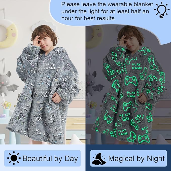 Fiosnow Glow in the Dark Game Controller Blanket Hoodies for Kids 6-13YR Oversize Wearable Blanket Hoodies for Boys Girls Teens