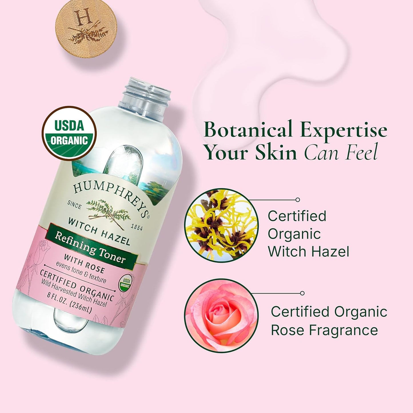 Humphreys Witch Hazel Refining Toner | Wild Harvested Witch Hazel & Rose | USDA Organic | Natural | Soothing & Clarifying | 8 Fl Oz