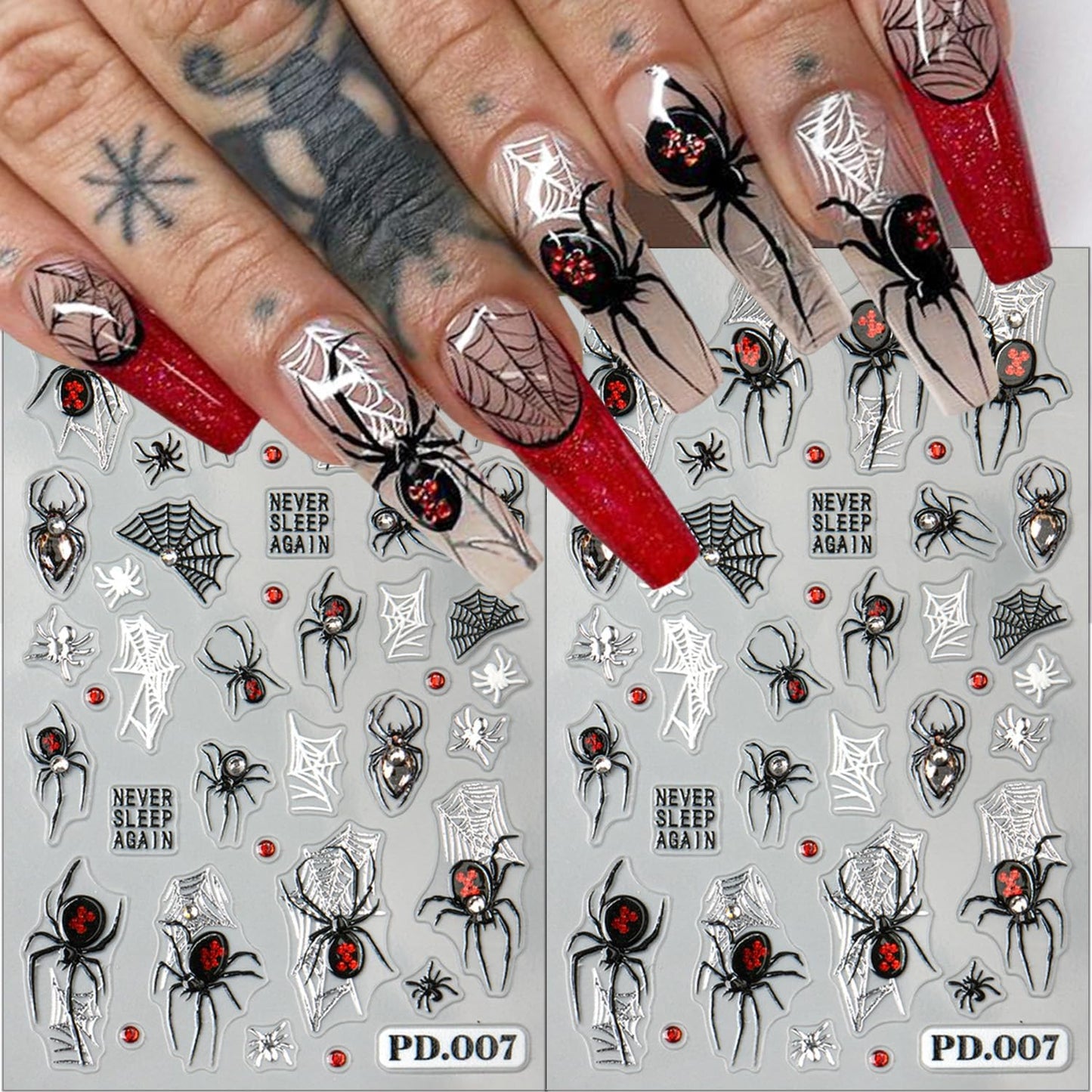 2 Sheets Spider Nail Decals for Nail Art Embossed Halloween Nail Stickers with Rhinestones Designs 5D Horror Spider Nail Art Stickers Self-Adhesive Halloween Holiday Nail Supplies for Women