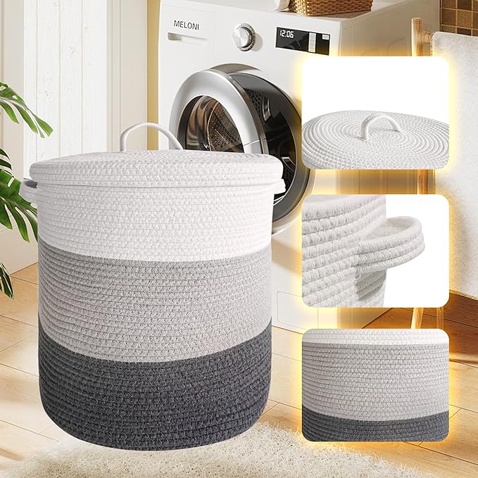 Large Storage Basket with Lid 60L, 16"Wx18"H Woven Laundry Basket with Lid Cotton Laundry Basket, Wicker Basket Blankets Pillows Storage in Living Room Baby Nursery, Dark Gray/Gray/White Mix with Lid