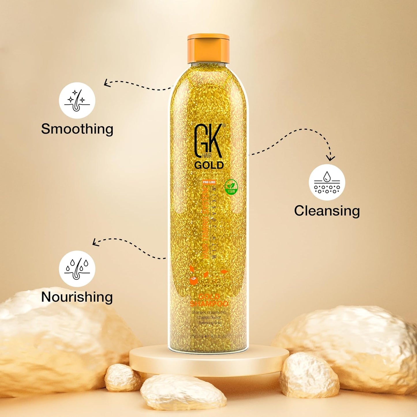 GK HAIR Global Keratin Gold Shampoo (8.5 Fl Oz/250ml) Hair Moisturizing Shine and Protection With Argan Oil, Shea Butter, Natural Oils All Hair Types