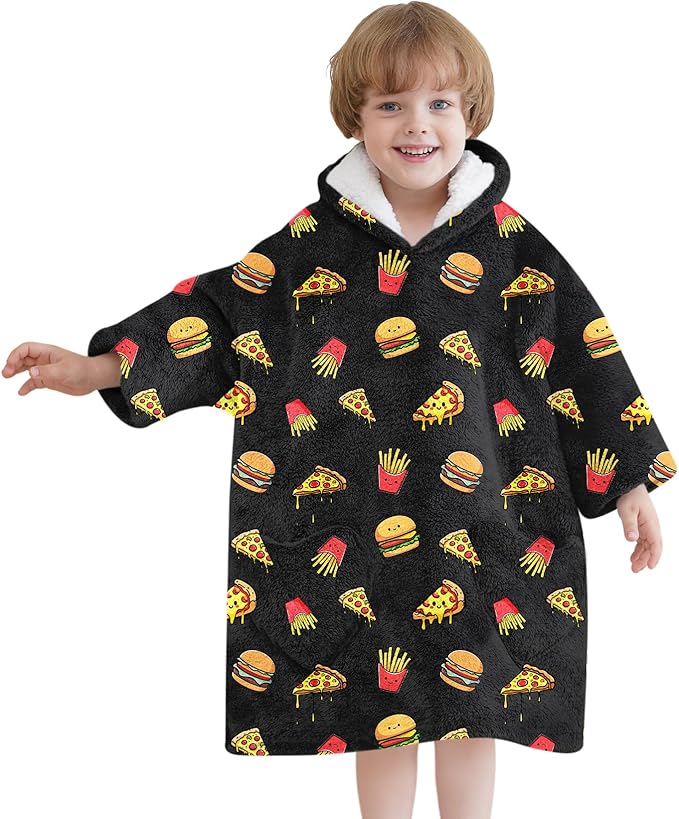 Fiosnow Pizza and Chips Blanket Hoodies for Kids Toddler 2-6YR Oversize Wearable Blanket Hoodies for Boys Girls Teens