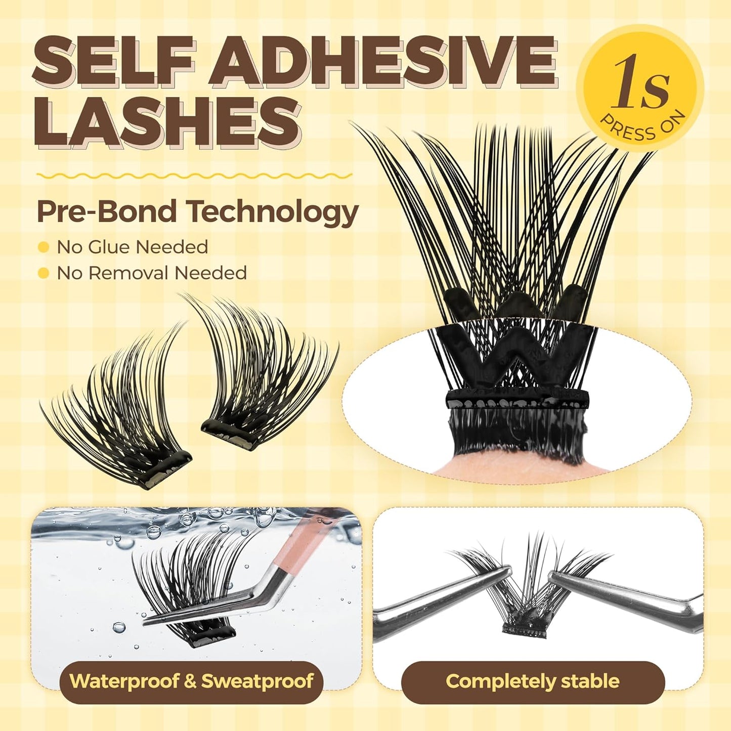 PopUp Self Adhesive Eyelashes Clusters, Press On Lashes Pre Glued Eyelash Extension Kit with Lash Tweezer,10-16mm No Glue No Remover Needed Self Adhesive Lashes Clusters CT50