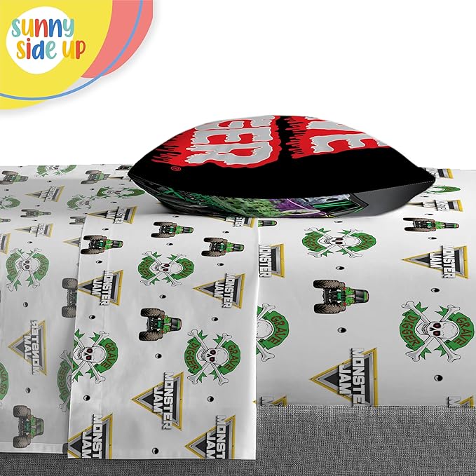 Sunny Side Up Monster Jam Twin Comforter Set - 5 Piece Kids Bedding Includes Comforter, Sheets & Pillow Cover - Super Soft Trucks Microfiber Bed Set