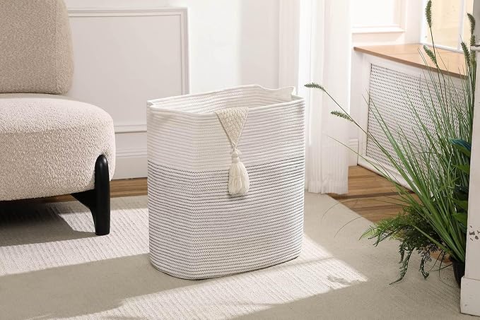 Tall Laundry Basket With Handles,Woven Cotton Rope Big Laundry Hamper Sorters,Versatile Storage for Dirty Clothes,Baby Toys,and Blankets in Bathroom, Nursery,and Living Room (White/Black Line, 68L)