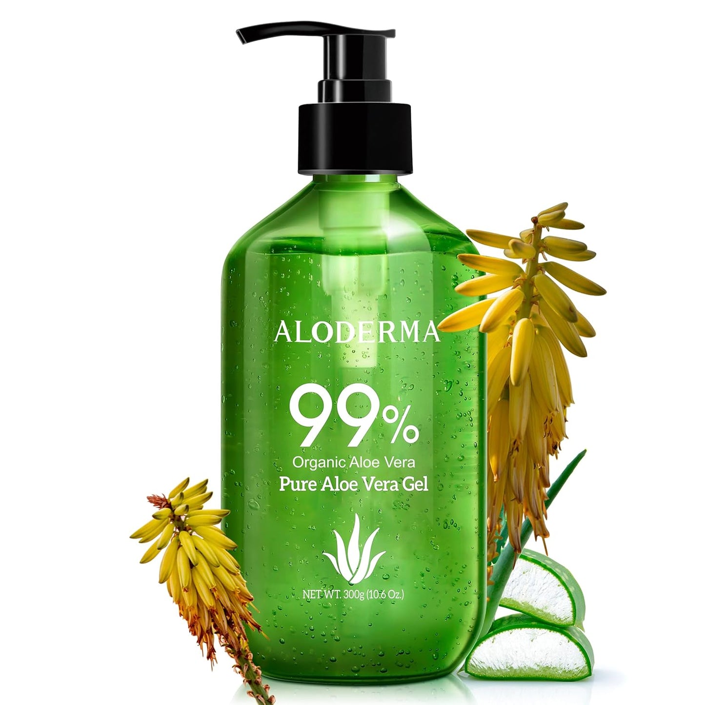 Aloderma 99% Organic Aloe Vera Gel Made within 12 Hours of Harvest - Lightweight, Non-Sticky Aloe Gel for Face Body, Hair, & Scalp, After Sun Relief, Natural, Soothing Hydrating Aloe Gel, 10.6oz