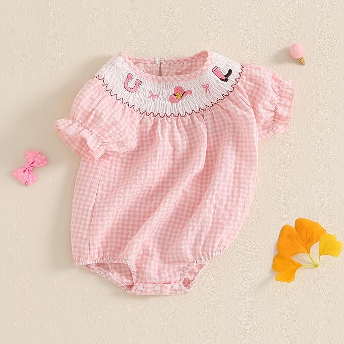 Baby Girl Smocked Western Romper Short Sleeve Bubble Rompers Summer Clothes Plaid Print Embroidery Bow Bodysuit Tops