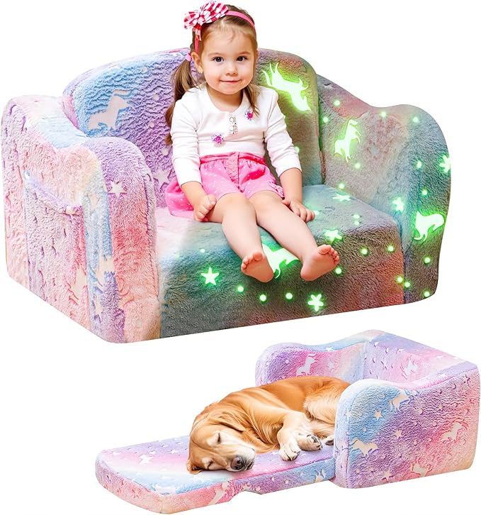 Lamerge 2-in-1 Toddler Couch,Glow in The Dark Baby Floor Bed,Foldable Toddler Chair Kids Sofa for playroom,Convertible Sofa to Lounger for Girls and Boys (Rainbow and Unicorn)