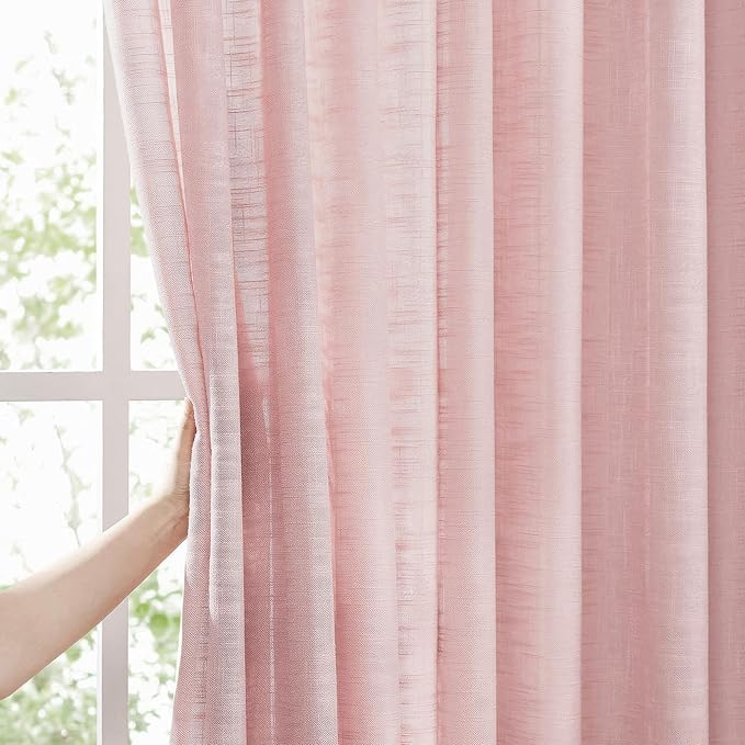 FMFUNCTEX Linen Semi Sheer Curtains for Bedroom, Blush Pink Curtains 72 Inch Length for Living Room, Country Farmhouse Sheer Drapes, Light Filtering Window Curtain, Grommet Top 2 Panels