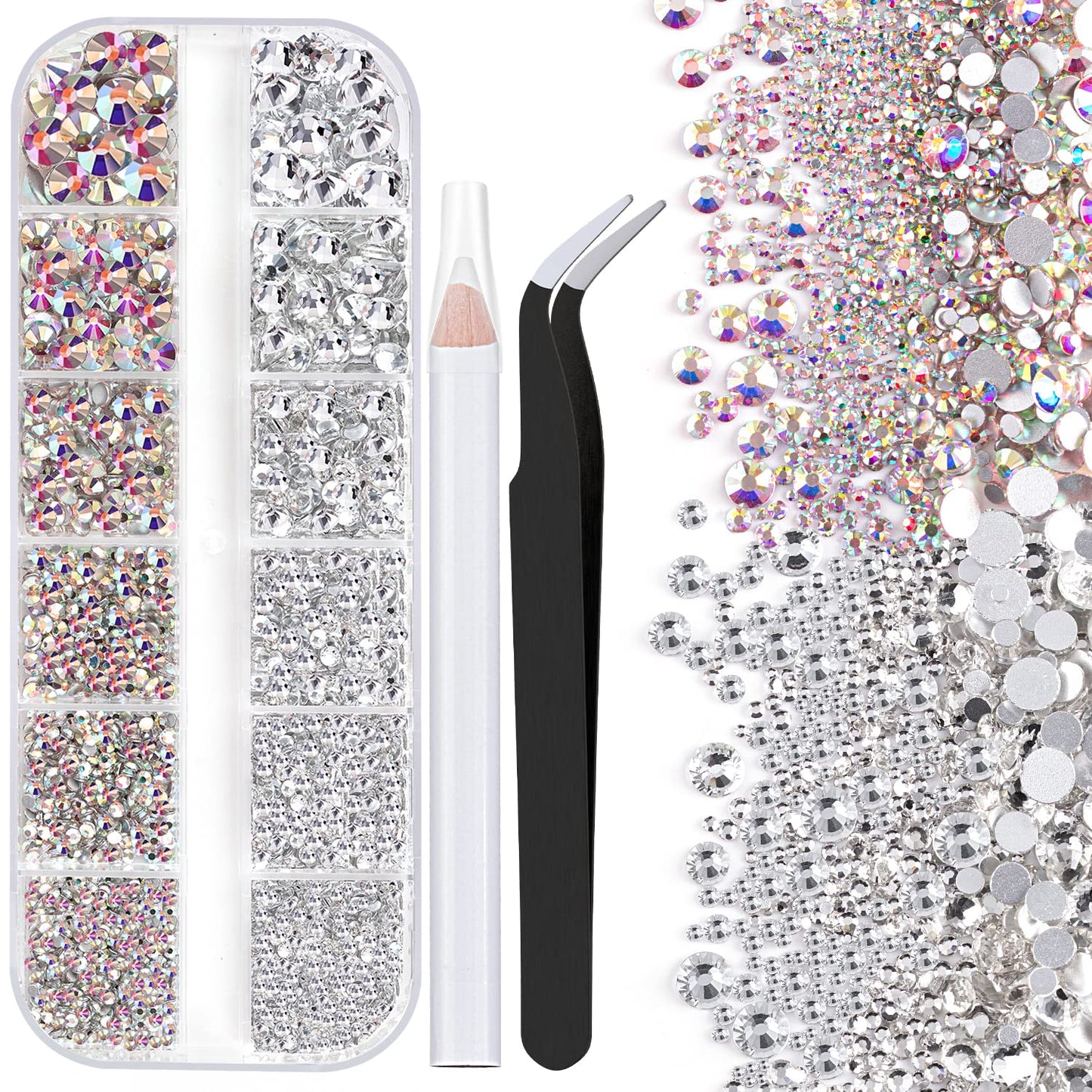 One Pack 2000 Pcs of Flatback Round AB Crystal+Transparent White Clear Rhinestones 6 Sizes (1.5-6 mm) with Nail Art Rhinestone Picker Pencil and Tweezers for DIY and Salon Use