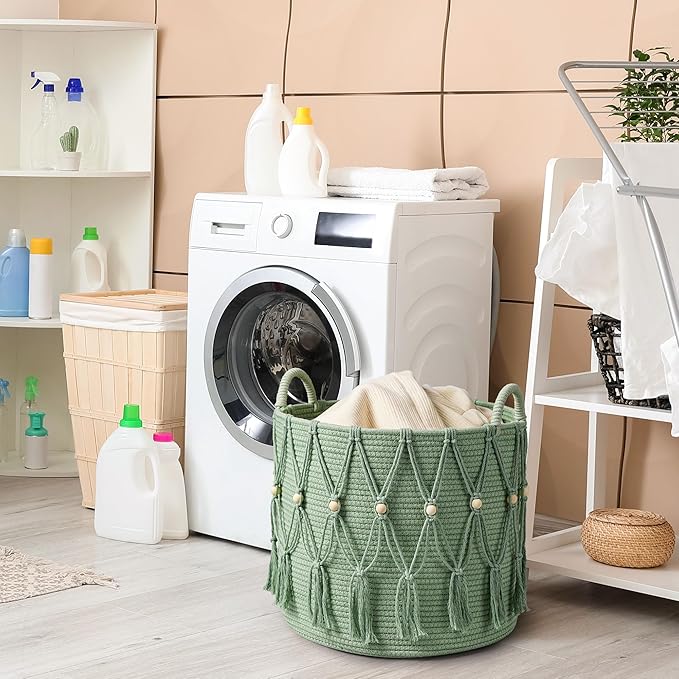 Blanket Basket for Living Room Decor Storage Basket for Toy Organizer Boho Decor Baskets for Modern Farmhouse Decor Small Laundry Basket for Bedroom and Laundry Room Organization,Green
