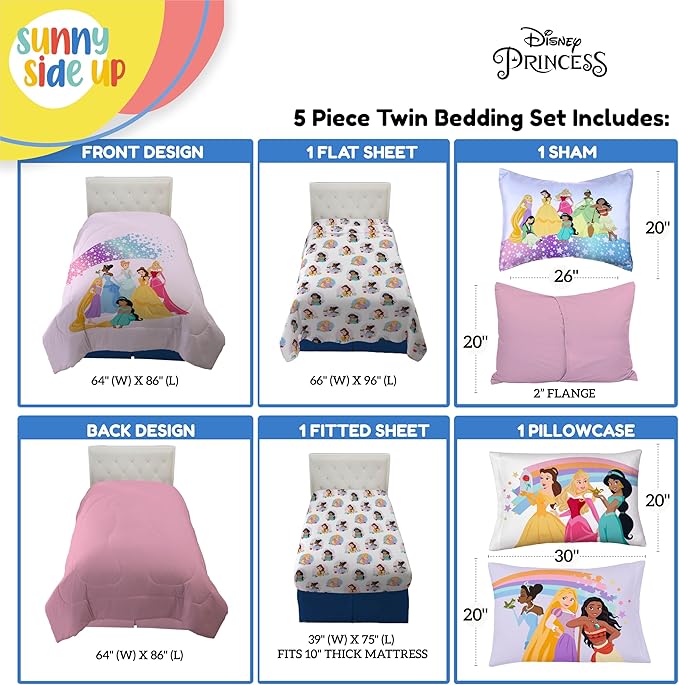 Sunny Side Up Disney Princess Twin Comforter Set - 5 Piece Kids Bedding Includes Comforter, Sheets & Pillow Cover - Super Soft Rainbow Stars Microfiber Bed Set