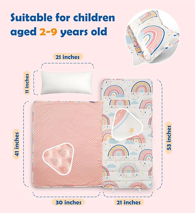 Toddler Nap Mat with Removable Pillow & Minky Blanket Sleeping Bag for Kids Handle & Fastening Nap Mats for Preschool Daycare Kindergarten Kids Sleeping Bag (Ages 2-7 Years) Blue Dinosaur