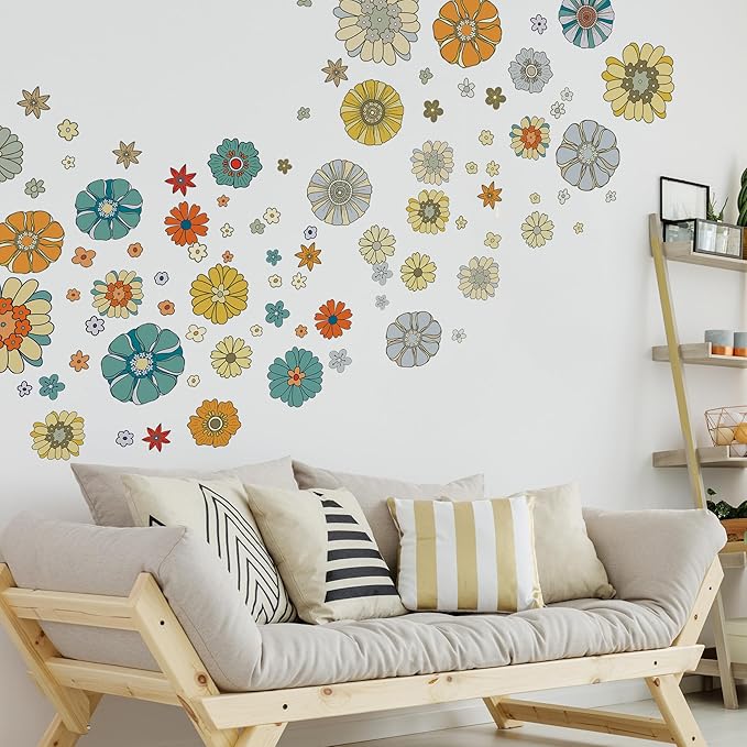 Boho Retro Flower Wall Decal - Retro Floral Decor Stickers,Peel and Stick Bohemian Style Flowers Decals for Kids Bedroom Nursery Playroom Living Room and Bedroom Wall Decorations