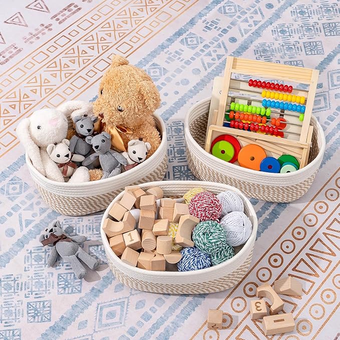 CubesLand Small Storage Baskets for Shelves, Closet Organization Storage Bins Empty Gift Basket 3 Packs Baby Nursery Woven Baskets for Organizing, Rectangular Clothes Closet Shelves Baskets