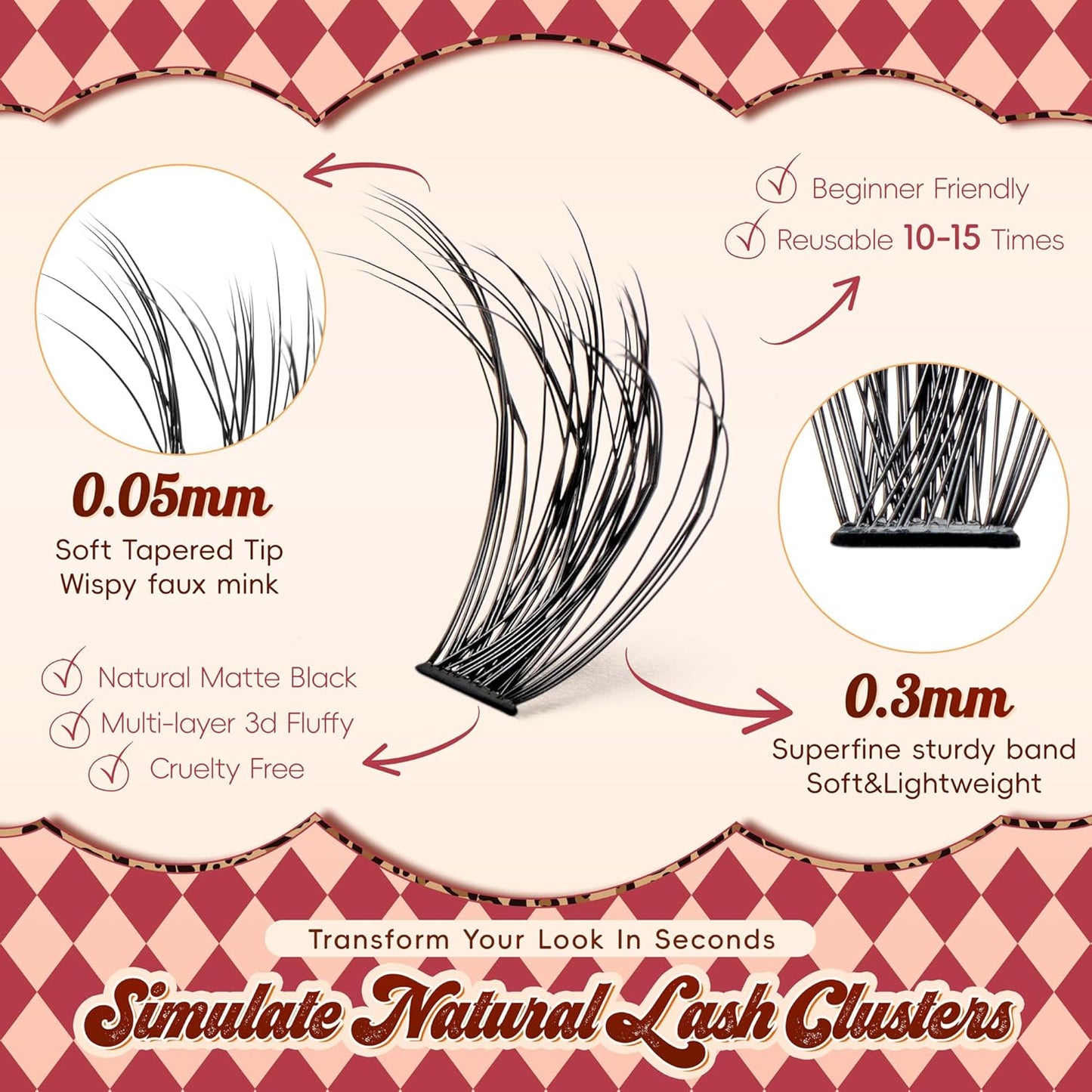 Lash Clusters 0.05mm PBT Fiber Eyelash Clusters, 0.3mm Superfine Soft Band C Curl Diy Lash Extension, 160pcs 8-16mm Individual Lashes Clusters Like Eyelash Extensions (40D-C-8-16Mix)