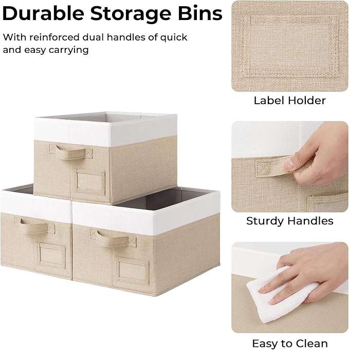 GRANNY SAYS Shelf Storage Baskets, Fabric Storage Bins for Clothes, Closet Storage Boxes with Handles, Collapsible Storage Containers for Bedroom and Living Room, Khaki and Ivory, Large, 3-Pack