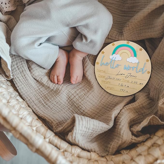 Baby Announcement Sign - 5.9” Round Wooden Hello World Newborn Sign with 3D Rainbow & Cloud - Keepsake Birth Gift for Baby Boy’s First Day, Hospital, Shower, or Nursery Décor (Blue)