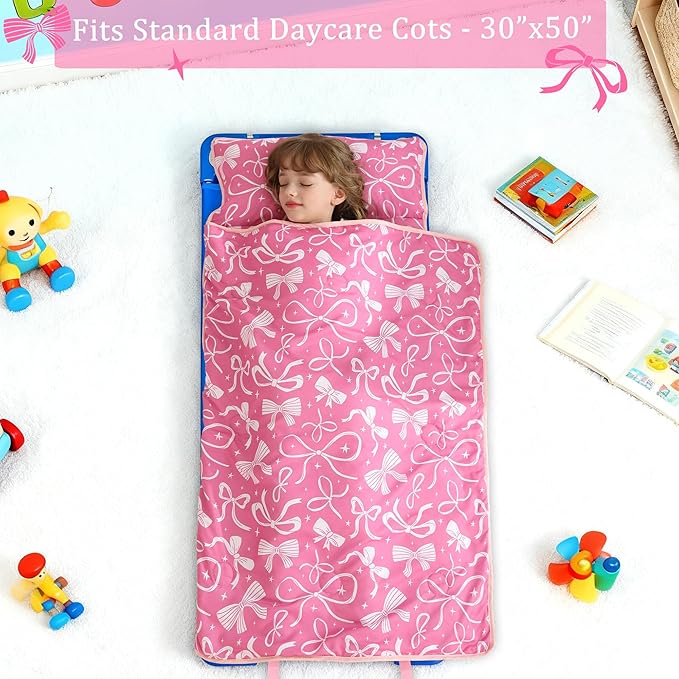 Toddler Nap Mat for Preschool 50''x30'' Sleeping Mat with Removable Pillow and Minky Blanket for Kids Ages 3-7 Roll Up Soft Sleeping Bag for Boys Girls Kindergarten Daycare Sleepover