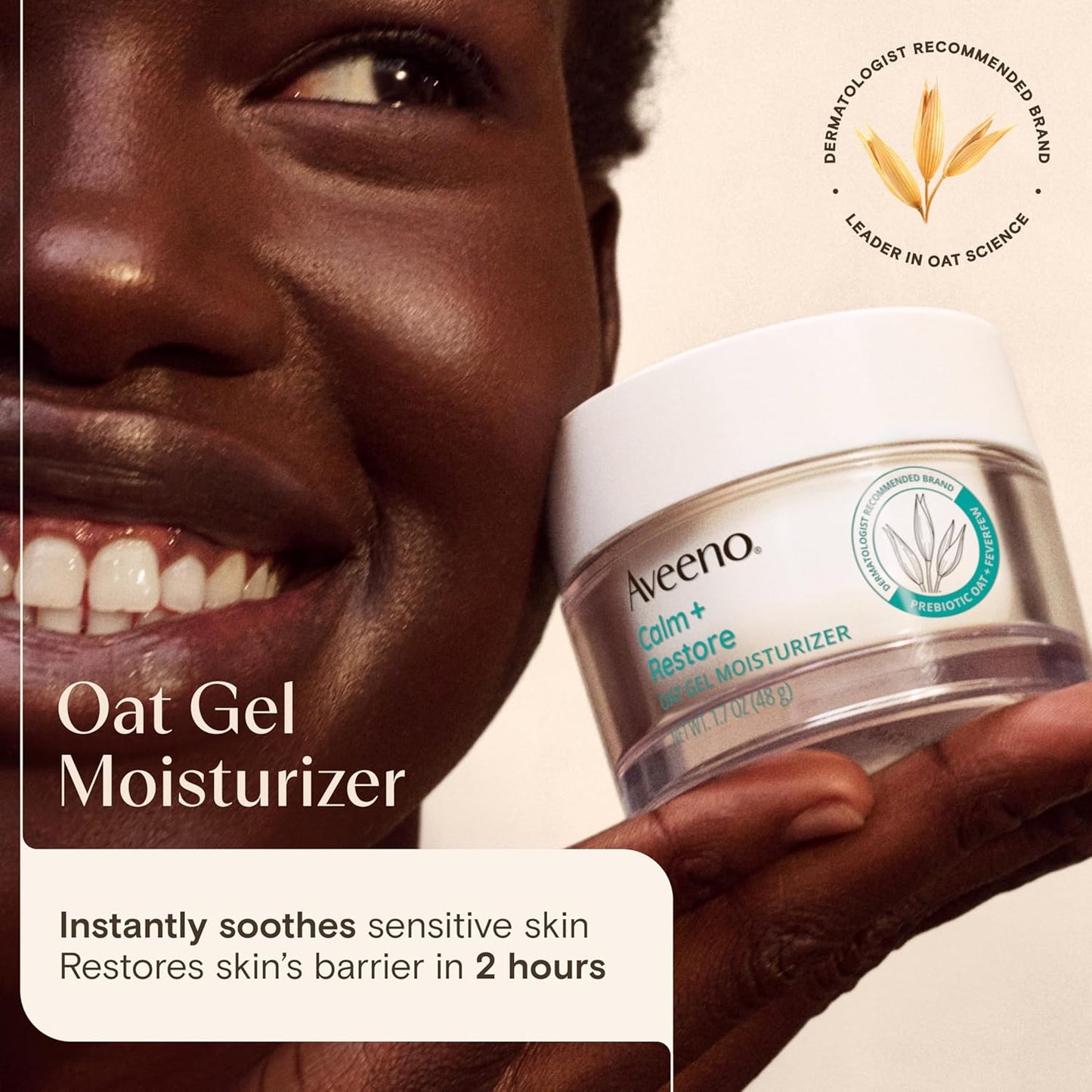 Aveeno Calm + Restore Oat Gel Facial Moisturizer for Sensitive Skin, Fast-Absorbing, Soothing Lightweight Gel Cream with Prebiotic Oat & Feverfew, Fragrance-Free & Hypoallergenic, 1.7 oz