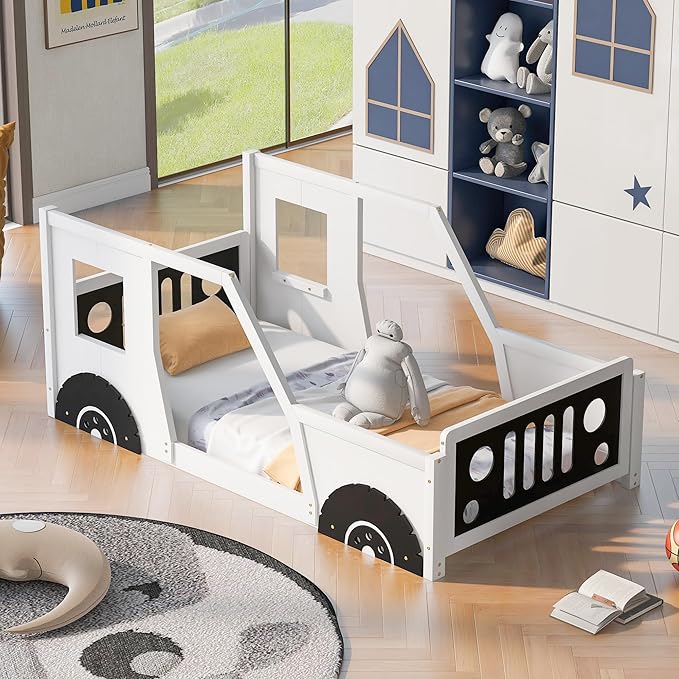 Merax Twin Size Classic Car-Shaped Platform Bed with Wheels, Wood Car Bed Frame for Boys, White