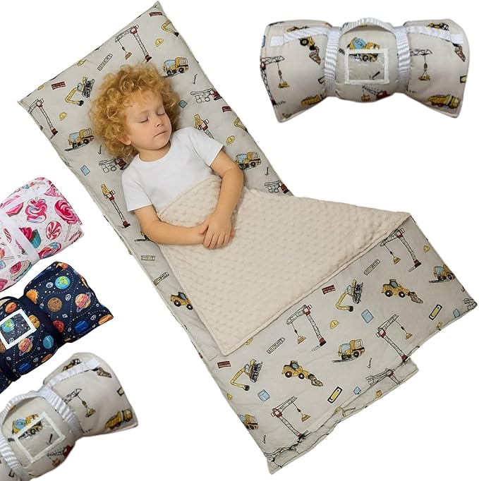 Toddler Nap Mat with Pillow and Blanket, Preschool, Nursery Sleeping Mat, Portable Bed for Kids, Ultra Soft Cotton, Fleece, Minky, Machine Washable, Travel Friendly, Kids Sleeping Bags, Cream.