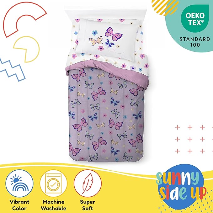 Sunny Side Up Butterfly Twin Comforter Set - 5 Piece Kids Bedding Includes Comforter, Sheets & Pillow Cover - Super Soft Purple Floral Microfiber Bed Set