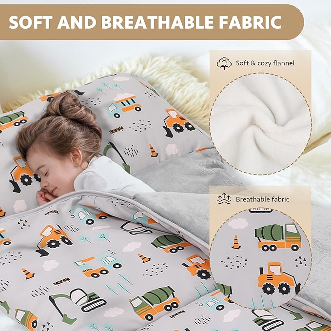 Toddler Nap Mat with Detachable Pillow & Blanket - Soft Plush Minky Fleece Kids Sleeping Bag for Daycare, Preschool & Travel - Portable Roll-Up Design with Carry Handle - Boys Girls Ages 3+