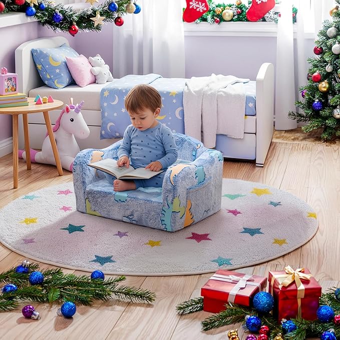 Lamerge 2-in-1 Toddler Couch,Glow in The Dark Baby Floor Bed,Foldable Toddler Chair Kids Sofa for playroom,Convertible Sofa to Lounger for Girls and Boys (Blue and Dinosaur)