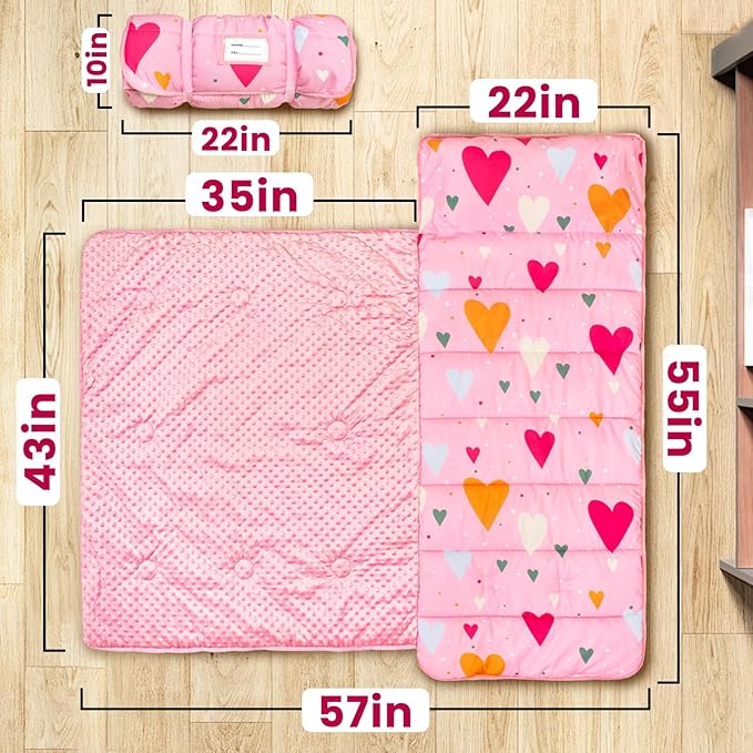 Toddler Nap Mat with Pillow and Minky Blanket, Large 55"x35" Sleeping Bag, Washable, Lightweight, Easy to Roll, Perfect for Preschool, Daycare, Kindergarten, Travel, Boys and Girls(Hearts)