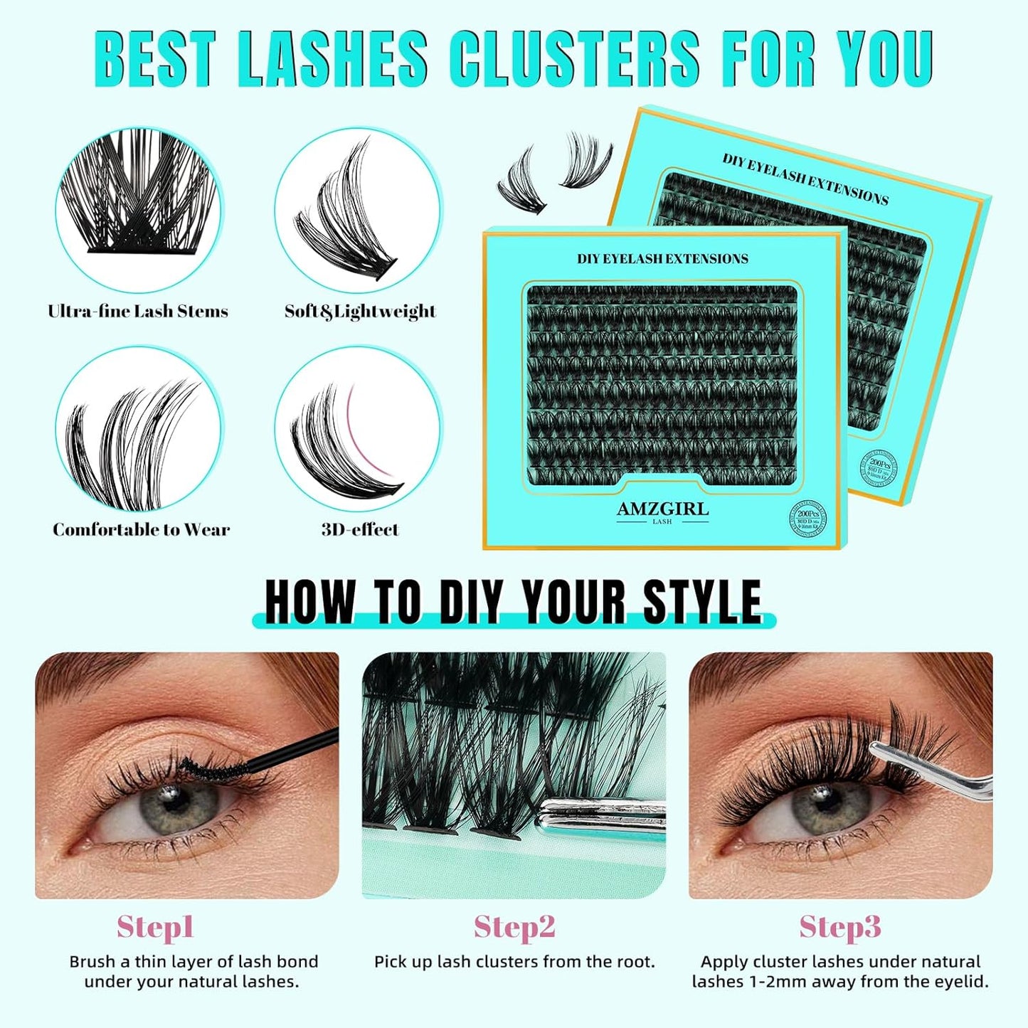 Lash Extension Kit 200PCS Lash Clusters Mix Eyelash Extension Kit with Waterproof Lash Bond and Remover,Individual Lashes with Lash Tweezers for Beginners at Home(80D,D-Mix9-16mm)