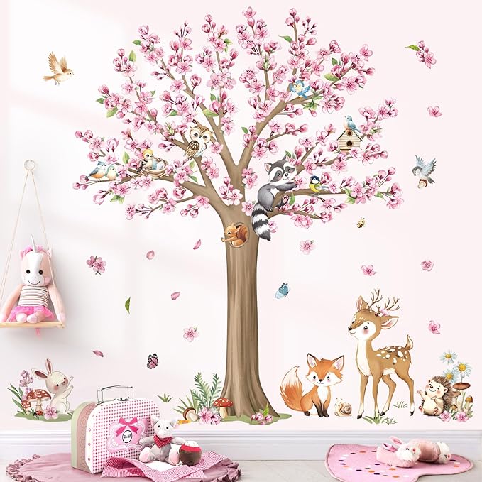 decalmile Woodland Animals Large Flower Tree Wall Decals Cherry Blossom Deer Fox Wall Stickers Baby Nursery Kids Bedroom Living Room Wall Decor