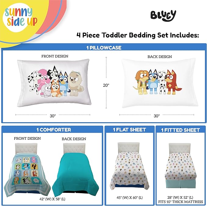 Sunny Side Up Bluey & Friends Toddler Comforter Set - 4 Piece Preschool Bedding Includes Comforter, Sheets & Pillow Cover - Super Soft Microfiber Bed Set