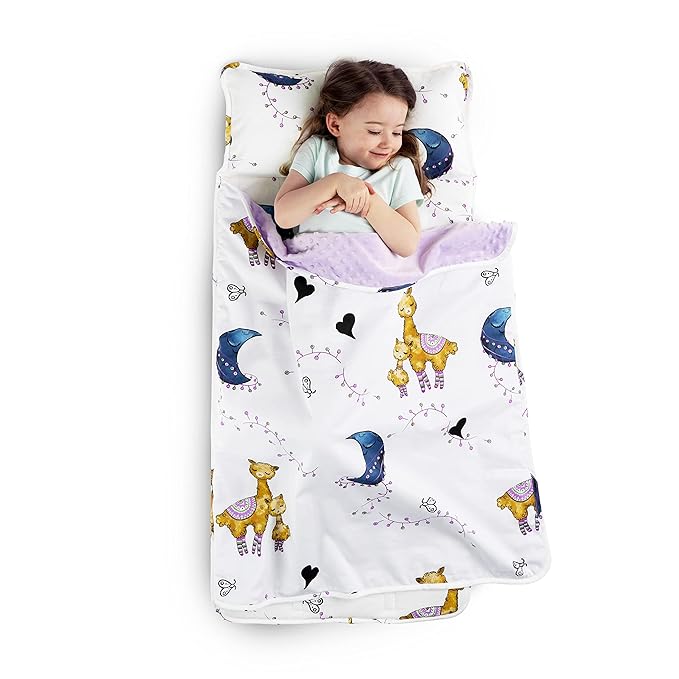 JumpOff Jo Nap Mat for Kids - Cozy Kids Rest Mat with Removable Pillow and Ultra Soft Blanket for Preschool, Daycare, and Sleepovers - Llama & Mama