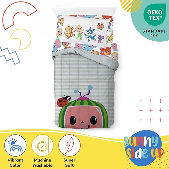 CoComelon Twin Size Comforter Set - 5 Piece Kids Bedding Includes Comforter, Sheets & Pillow Cover - Super Soft Microfiber Animal Bed Set
