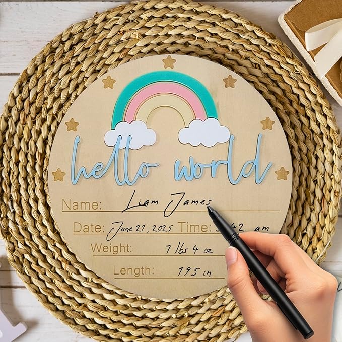 Baby Announcement Sign - 5.9” Round Wooden Hello World Newborn Sign with 3D Rainbow & Cloud - Keepsake Birth Gift for Baby Boy’s First Day, Hospital, Shower, or Nursery Décor (Blue)