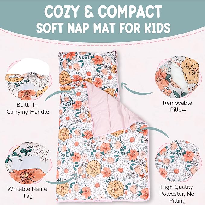 Morxy Toddler Nap Mat with Pillow & Blanket Large Portable Roll Up Nap Mats with Name Tag- Thick Kids Sleep Mat for Daycare, Preschool Travel and Camping for Age 3 and up