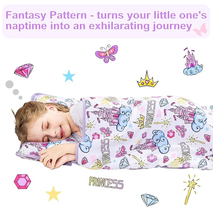 Viviland Toddler Nap Mat, Rolled Sleeping Mats with Pillow and Minky Dot Blanket for Girls, Kids Slumber Bag Nap Mat for Preschool, Daycare, Kindergarten, Travel Camping - Princess Fantasy