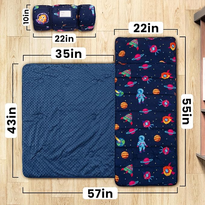 Toddler Nap Mat with Pillow and Minky Blanket, Large 55"x35" Sleeping Bag, Washable, Lightweight, Easy to Roll, Perfect for Preschool, Daycare, Kindergarten, Travel, Boys and Girls(Space)
