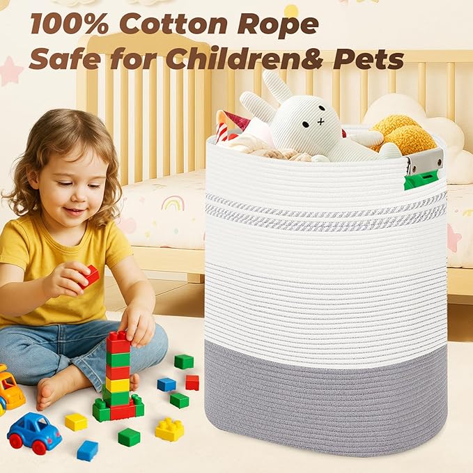 Laundry Basket with Handles - Blanket Basket & Hampers for Bedroom Aesthetic, Laundry Hamper & Blanket Storage for Living Room, Clothes Hamper, Tall, Large 17" x 14" x 22”, Grey