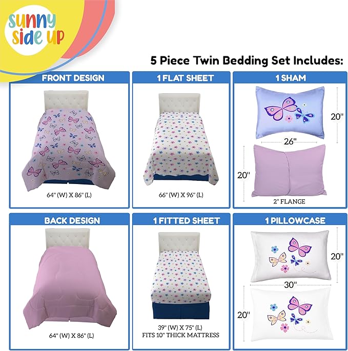 Sunny Side Up Butterfly Twin Comforter Set - 5 Piece Kids Bedding Includes Comforter, Sheets & Pillow Cover - Super Soft Purple Floral Microfiber Bed Set
