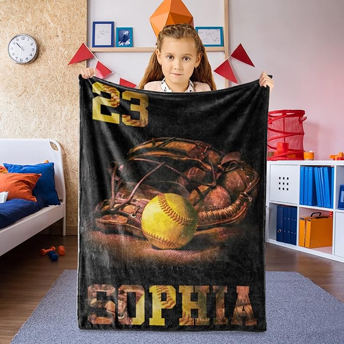 Custom Baseball Blanket for Baby Kids - Personalized Name and Number - Soft Warm and Fluffy Flannel Fabric Gift for Sports Lovers 60x80inch